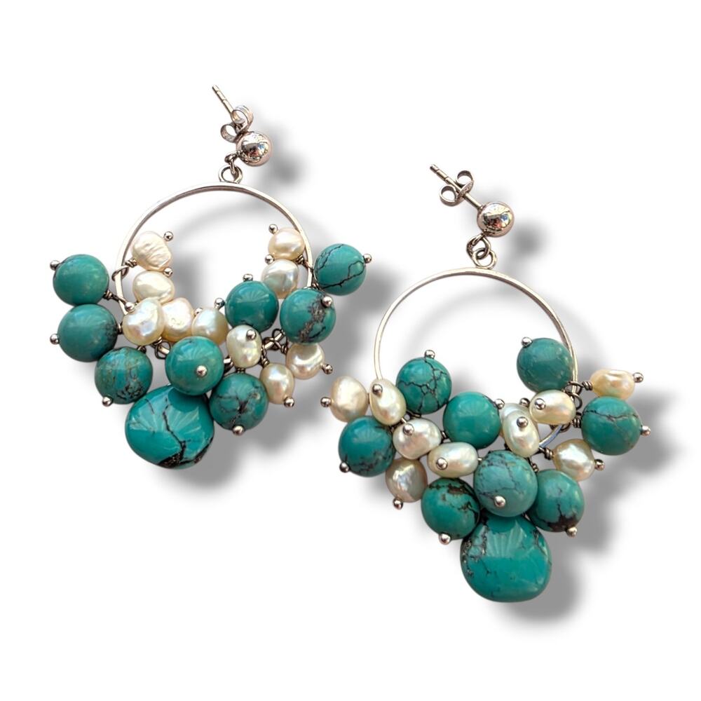 Diana Venezia Sterling Silver 925 Earrings Turquoise Boho Beaded Dangle Cluster